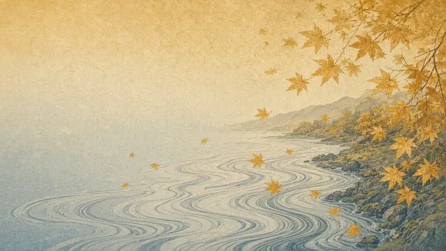 Ukiyo-e Woodblock Print of Floating Golden Autumn Leaves on River