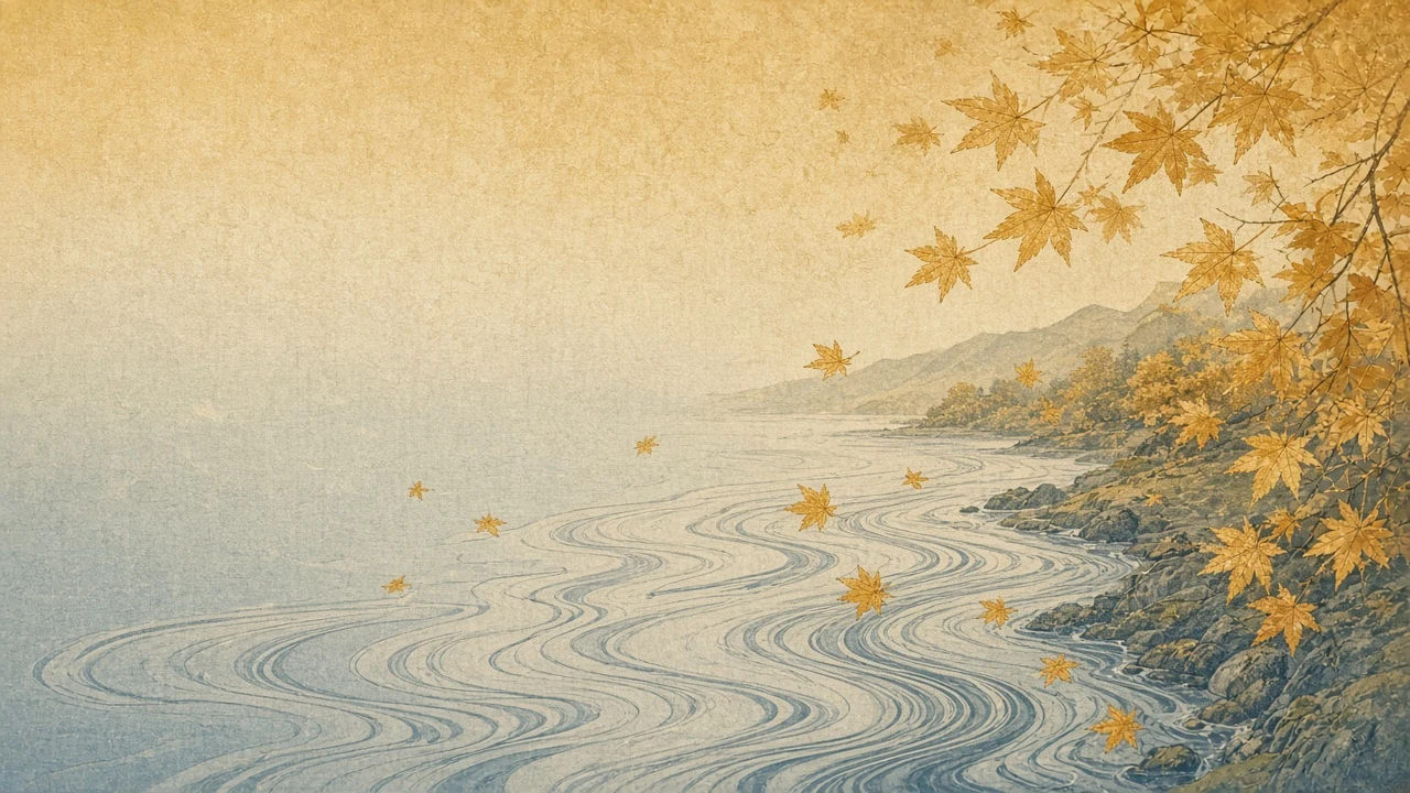 Ukiyo-e Woodblock Print of Floating Golden Autumn Leaves on River