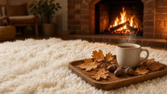 Hearthside Living Room with Shearling Rug and Pressed Golden Oak
