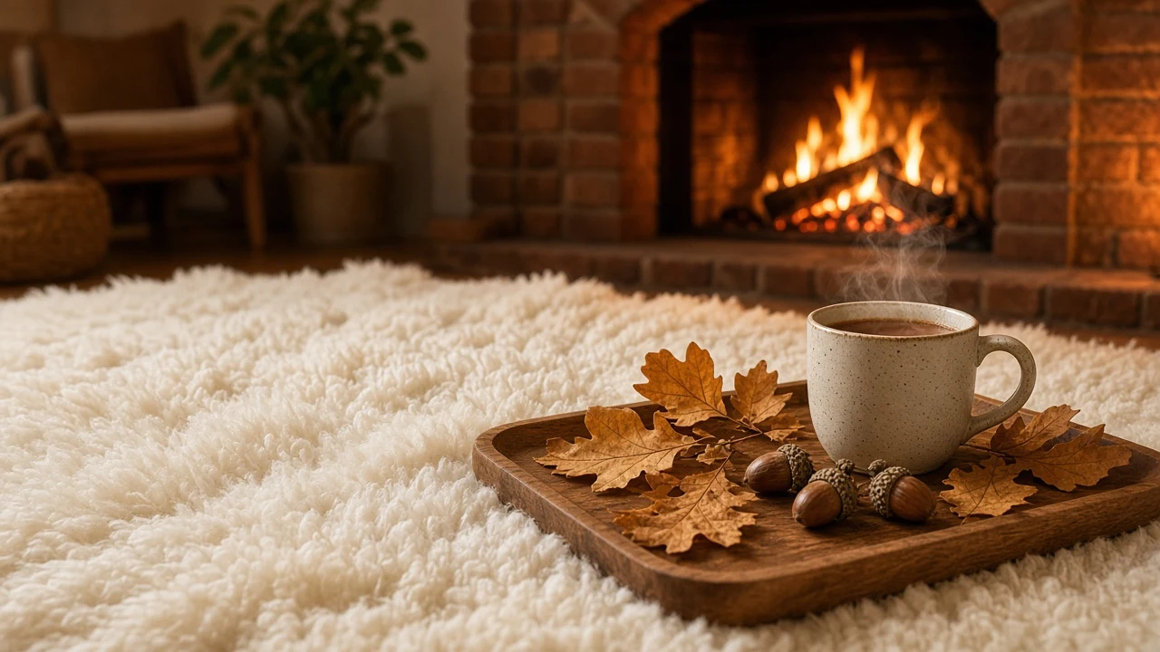 Hearthside Living Room with Shearling Rug and Pressed Golden Oak