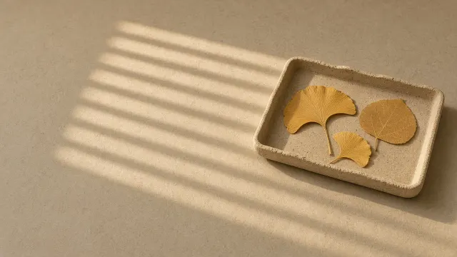 Minimalist Ceramic Tray Flat Lay with Golden Leaves and Sunlight Slats