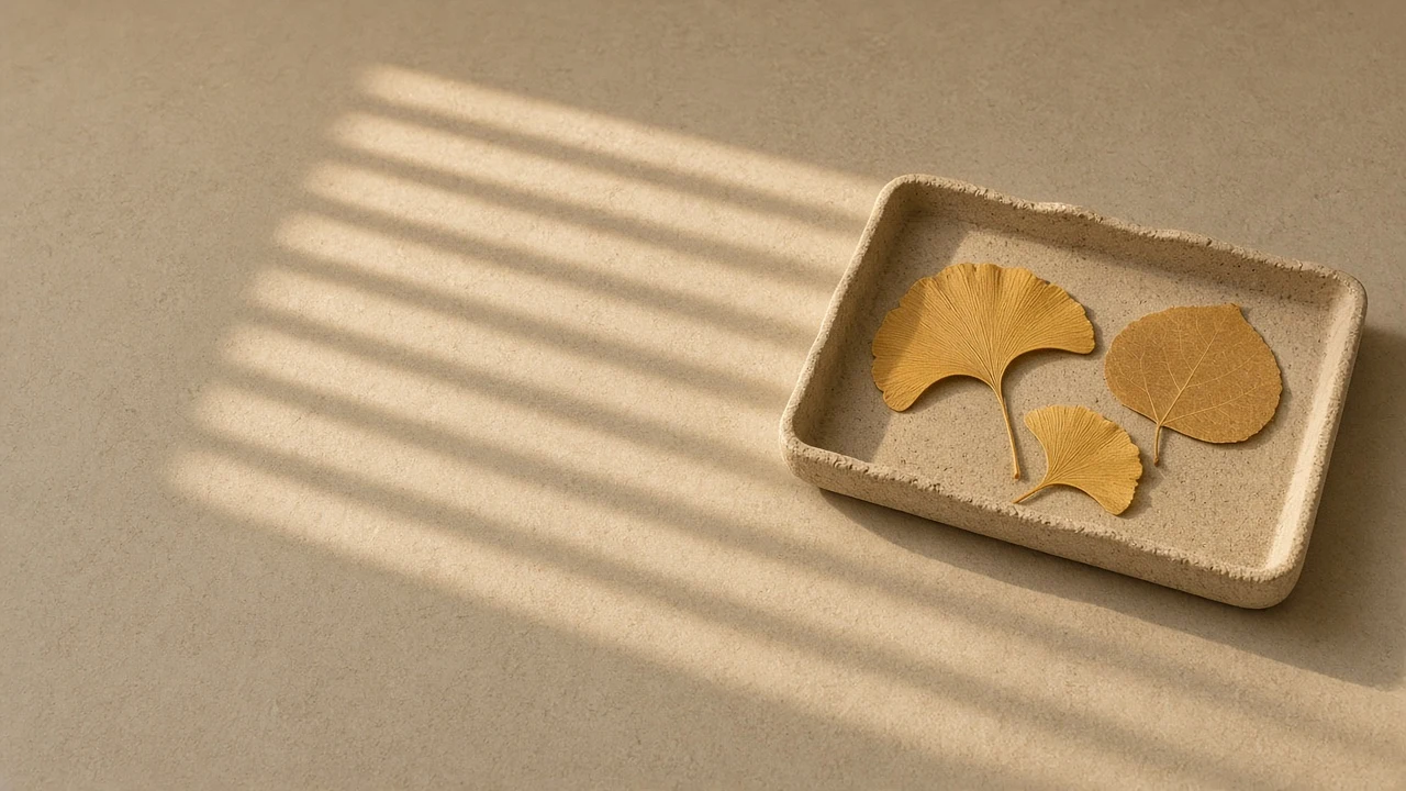 Minimalist Ceramic Tray Flat Lay with Golden Leaves and Sunlight Slats