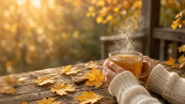 Chunky Knit Sleeve Holding Warm Amber Tea with Drifting Leaves