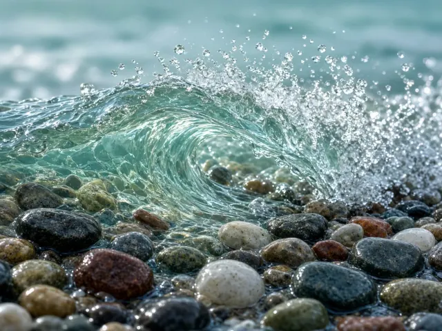 Micro Wavelet Curling Over Polished Coastal Pebbles