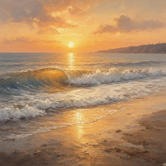 Warm Oil Painting of Apricot Sunset Shorebreak