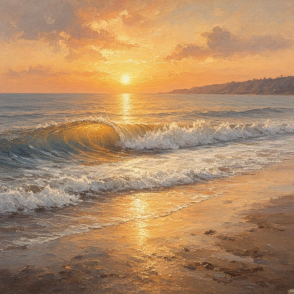 Warm Oil Painting of Apricot Sunset Shorebreak