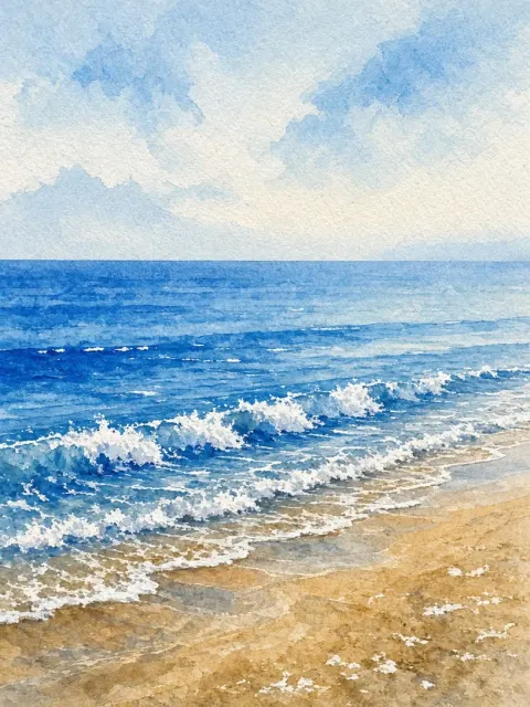 Gouache and Watercolor Coastal Rhythms in Azure and White