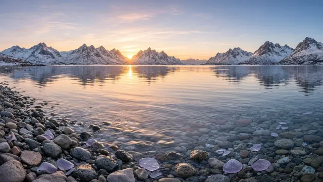 Subtle Fjord Ripples Reflecting Arctic Midnight Sun