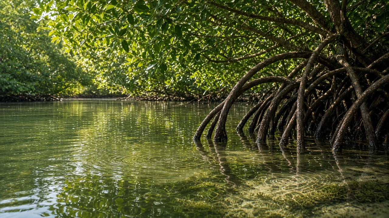 Glassy Mangrove Shallows with Concentric Micro Wavelets