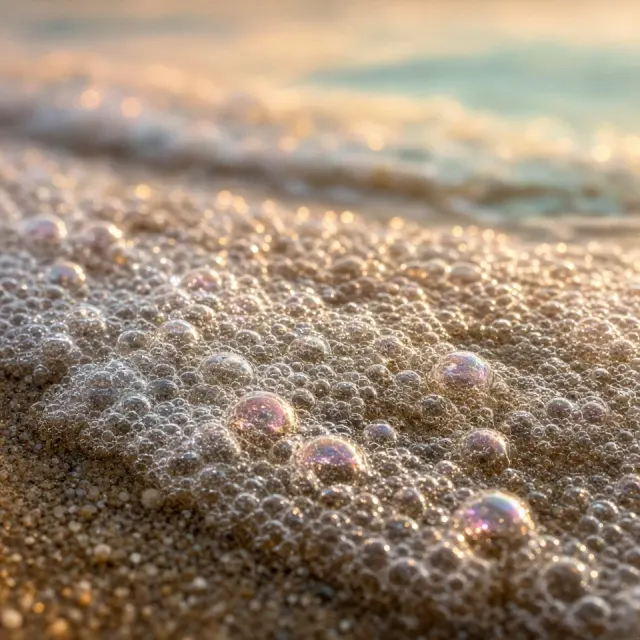 Macro Dawn Sunlight Sparkling on Frothy Sea Foam Clusters