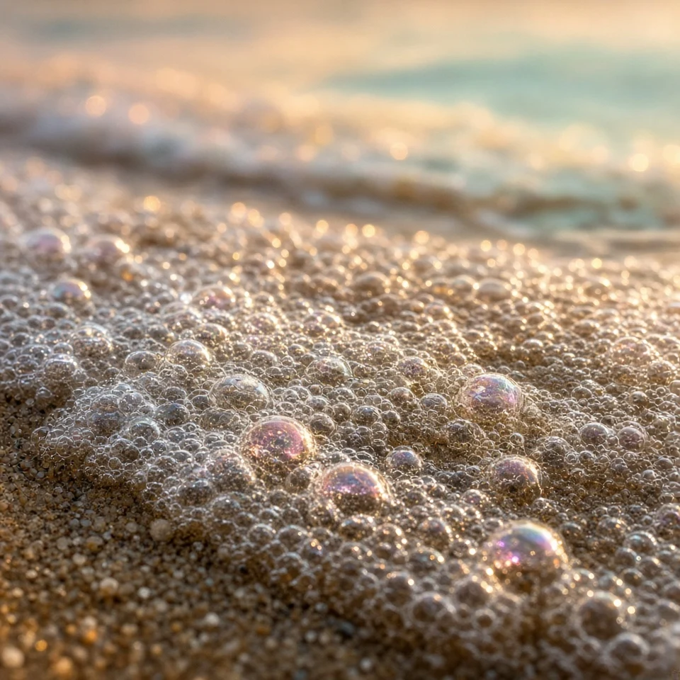 Macro Dawn Sunlight Sparkling on Frothy Sea Foam Clusters