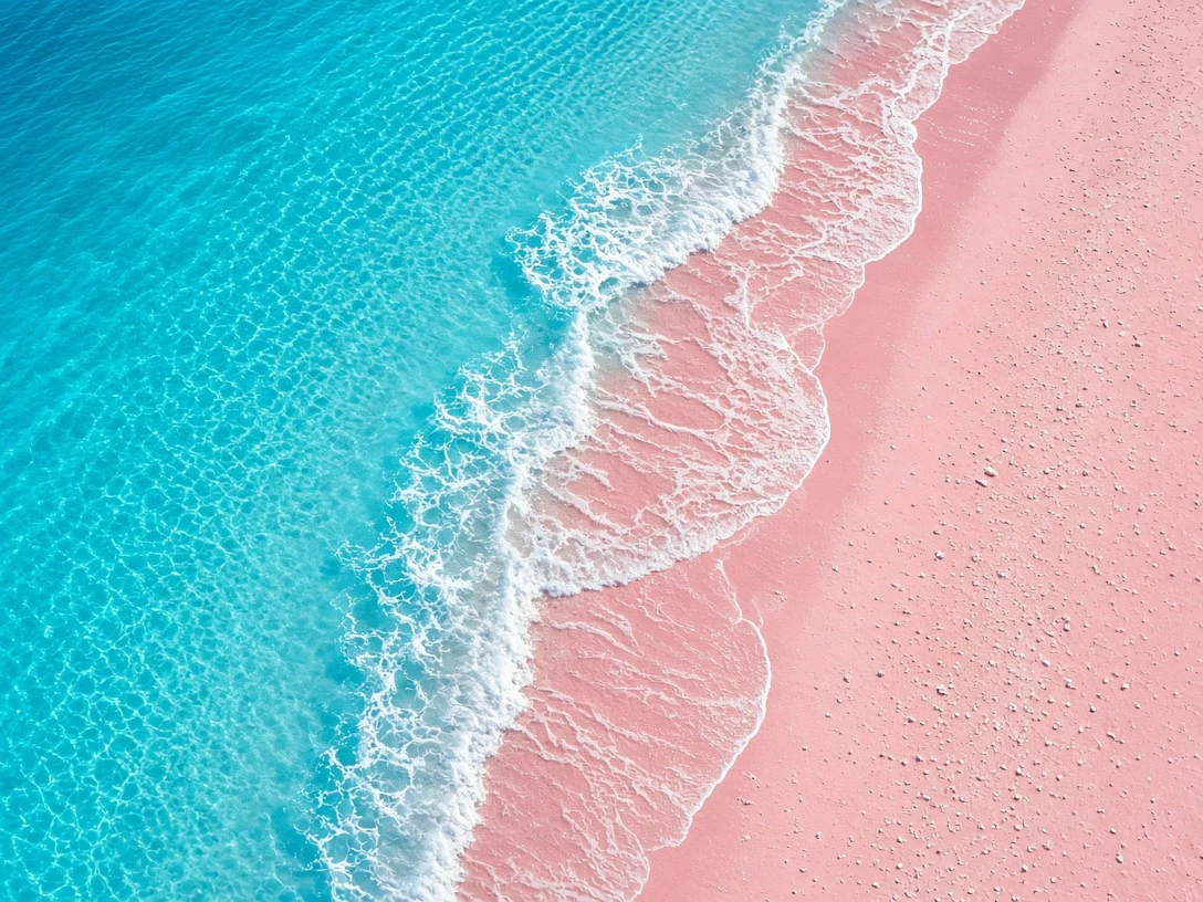 Bird's-Eye View of Translucent Waves on Pink Coral Beach