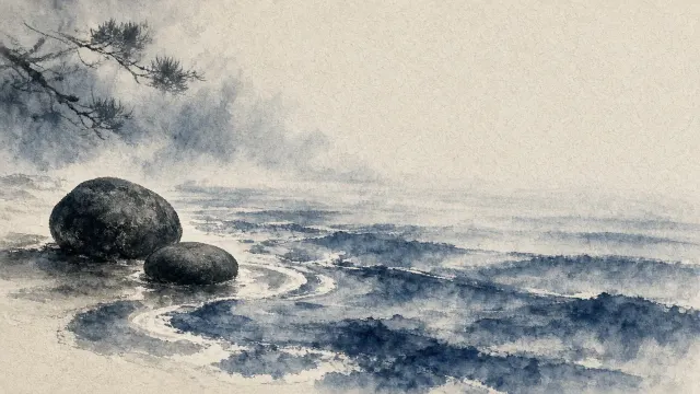 Sumi-e Indigo Wash Painting of Rhythmic Tidal Ripples