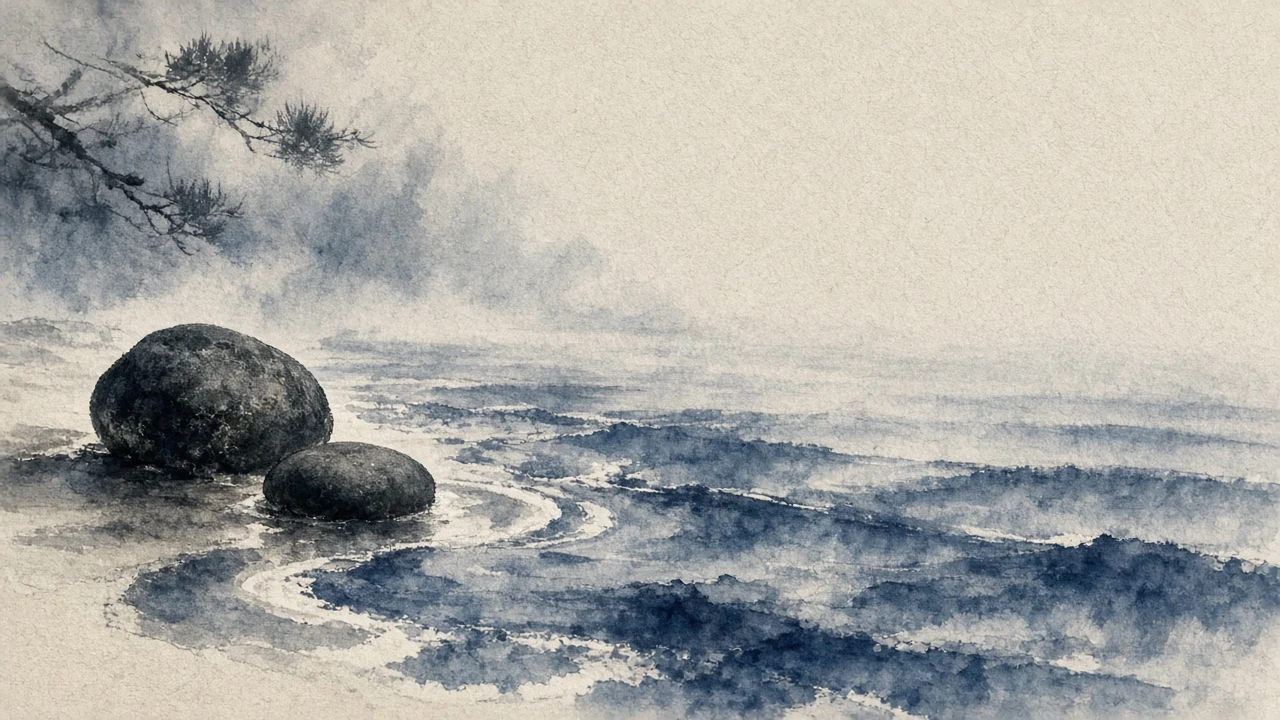 Sumi-e Indigo Wash Painting of Rhythmic Tidal Ripples