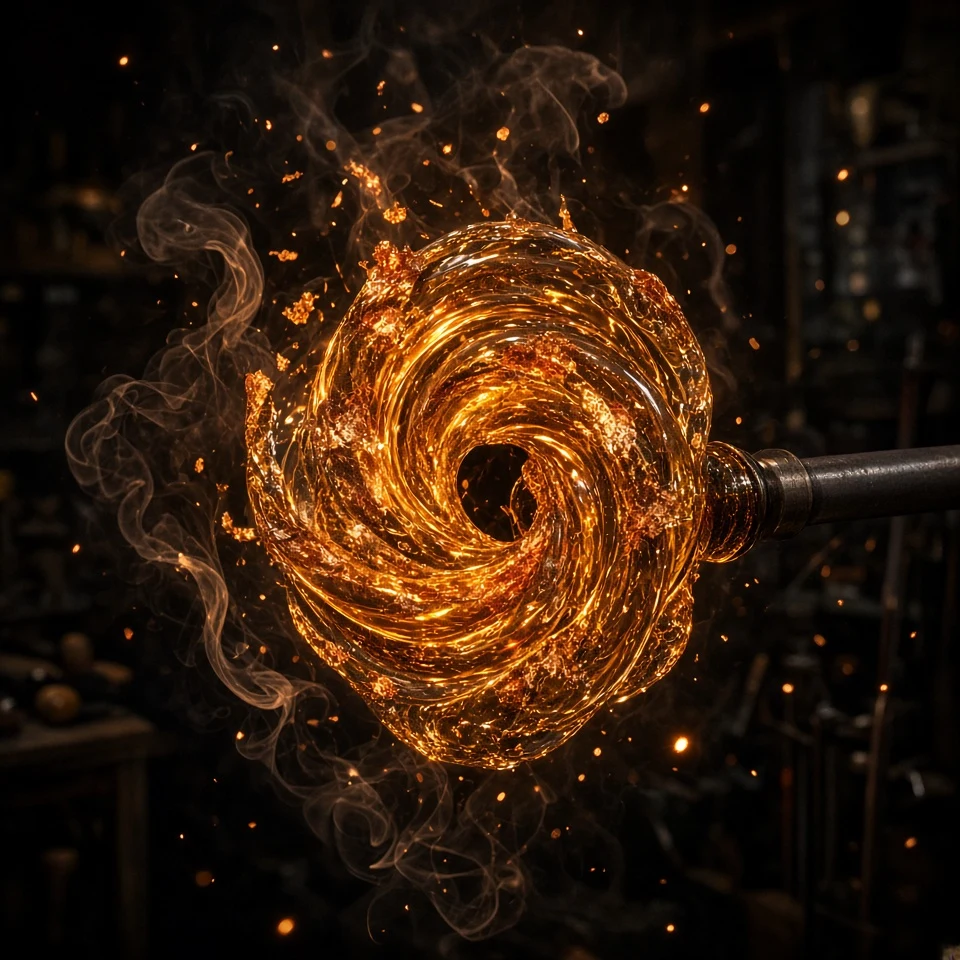 Furnace Hot Glass Swirl with Burning Copper Foil Leaf