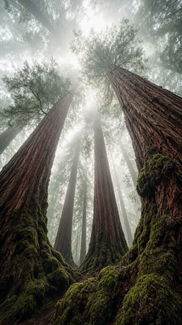 Giant Redwood Canopy Looking Skyward Through Coastal Haze
