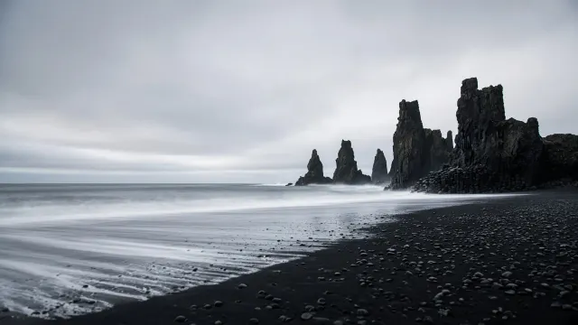 Icelandic Basalt Sea Stacks and Obsidian Sand Shore