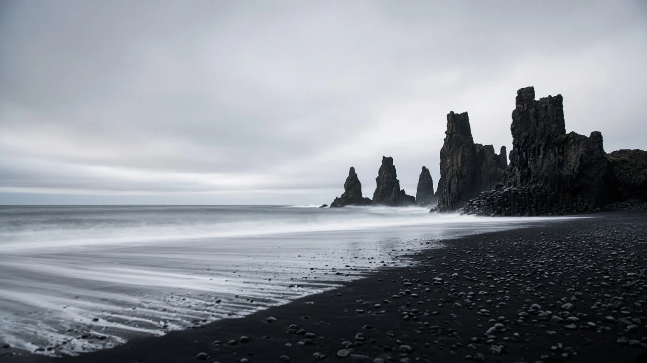 Icelandic Basalt Sea Stacks and Obsidian Sand Shore