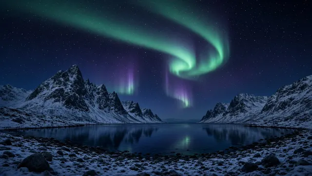 Norwegian Fjord Under Green Aurora Borealis Ribbon