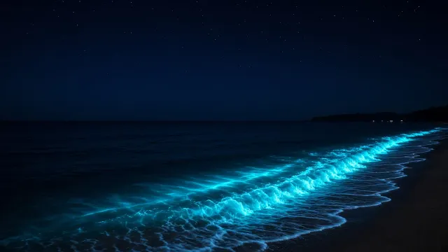 Bioluminescent Shoreline Wave Under Starry Mobile Canopy