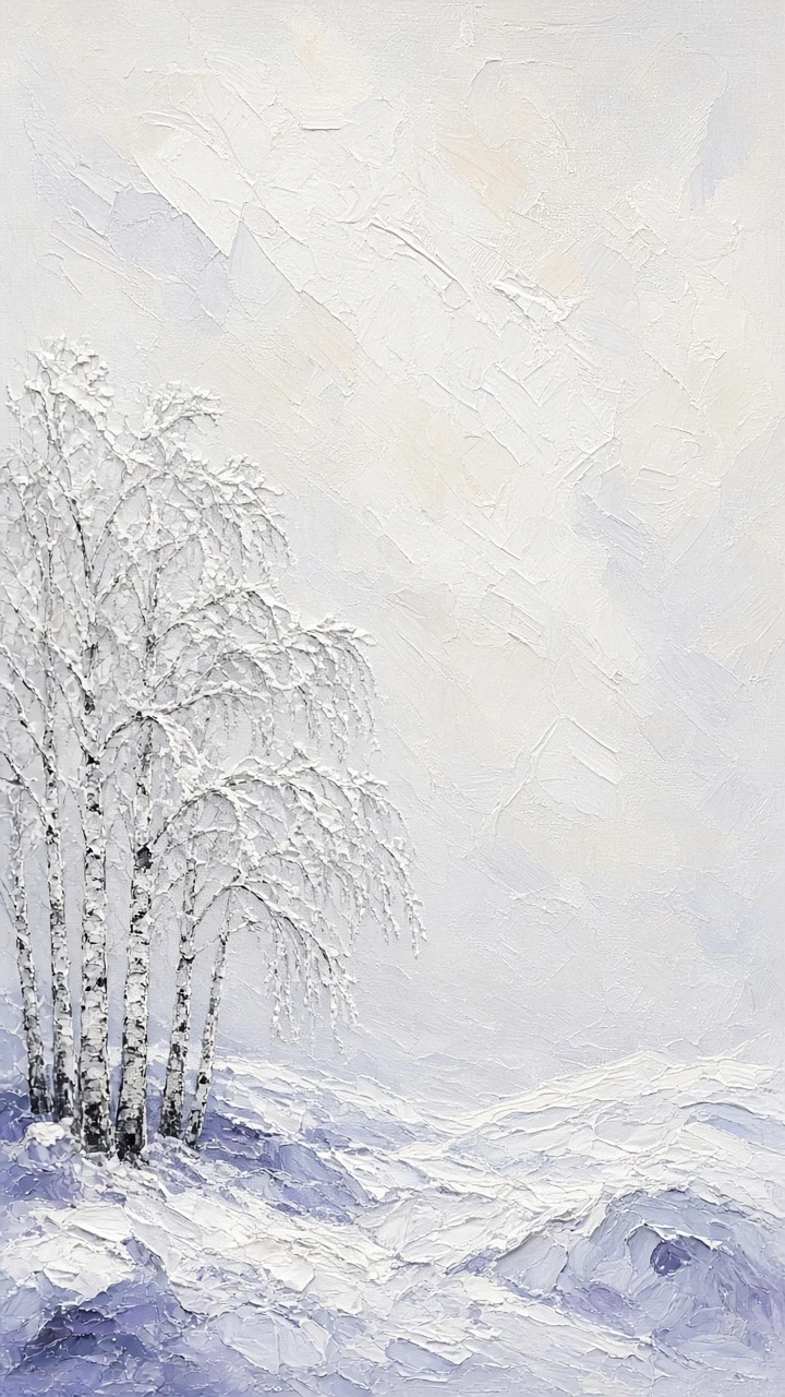 Frosted Birch Grove in Deep Winter Snow Oil Painting
