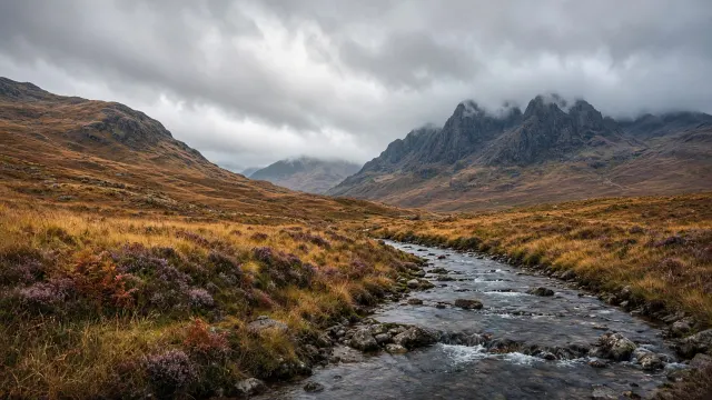 Scottish Glen Coe Heather Moors Under Drifting Highland Cloud