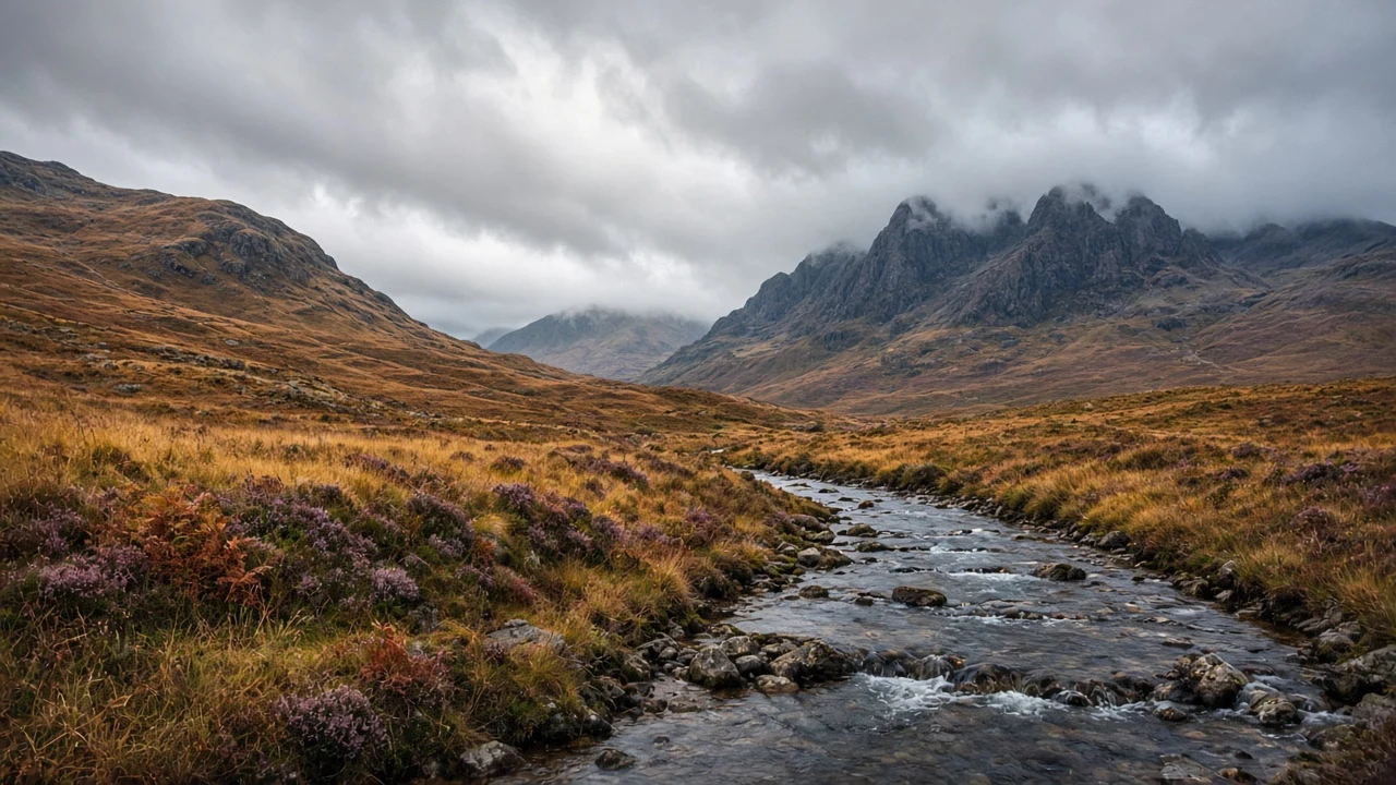 Scottish Glen Coe Heather Moors Under Drifting Highland Cloud