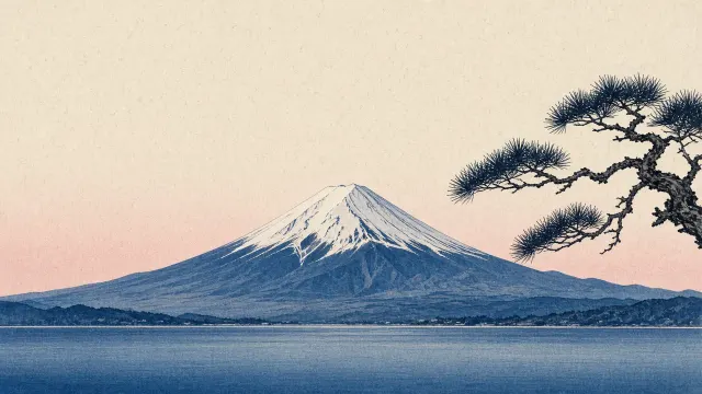 Mount Fuji and Single Pine Silhouette Woodblock Aesthetic