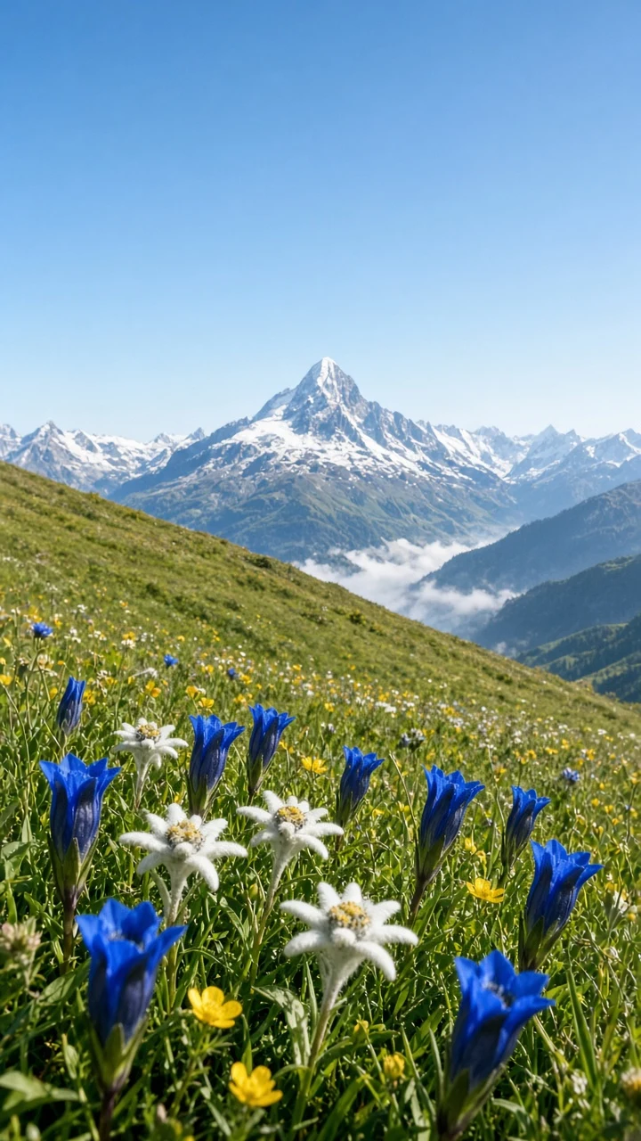 Swiss Alpine Wildflowers and Distant Snow Peak