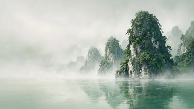 Ha Long Bay Limestone Karsts in Morning Gouache Wash