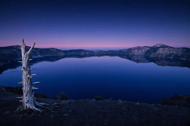Crater Lake Rim Solitude in Deep Blue Twilight