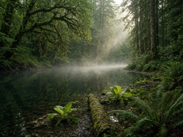 Temperate Rainforest Oxbow Slough in Morning Mist