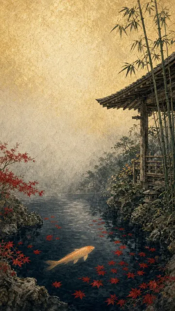 Japanese Garden Koi Pond with Floating Autumn Foliage