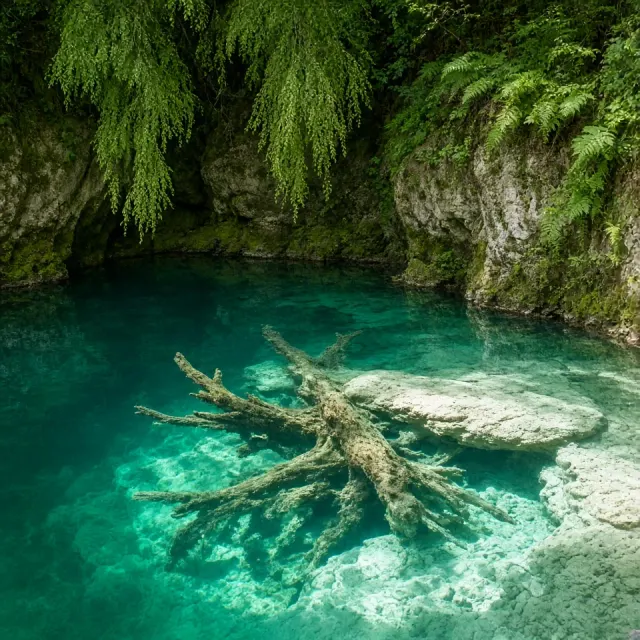 Sunlit Karst Terraces and Submerged Wood in Plitvice