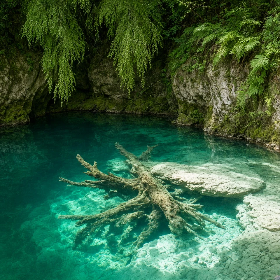 Sunlit Karst Terraces and Submerged Wood in Plitvice