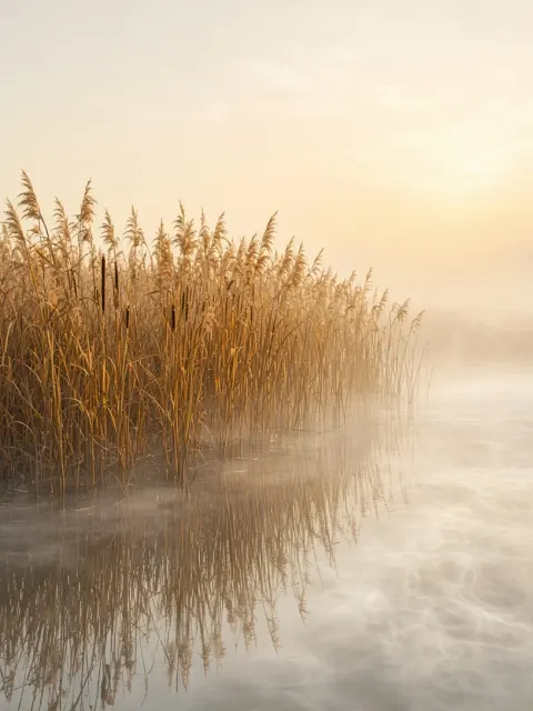 Dawn Mist and Golden Reed Shoreline Editorial Cover