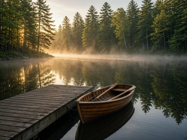 Adirondack Camp Shoreline and Cedar Dock at First Light