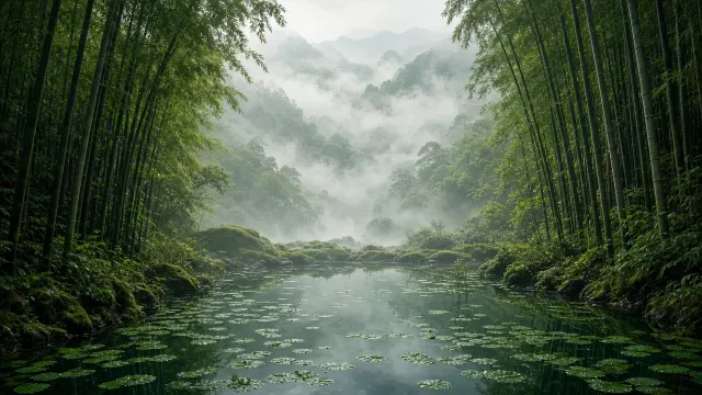 Mist-Shrouded Bamboo Mountain Pool Phone Wallpaper