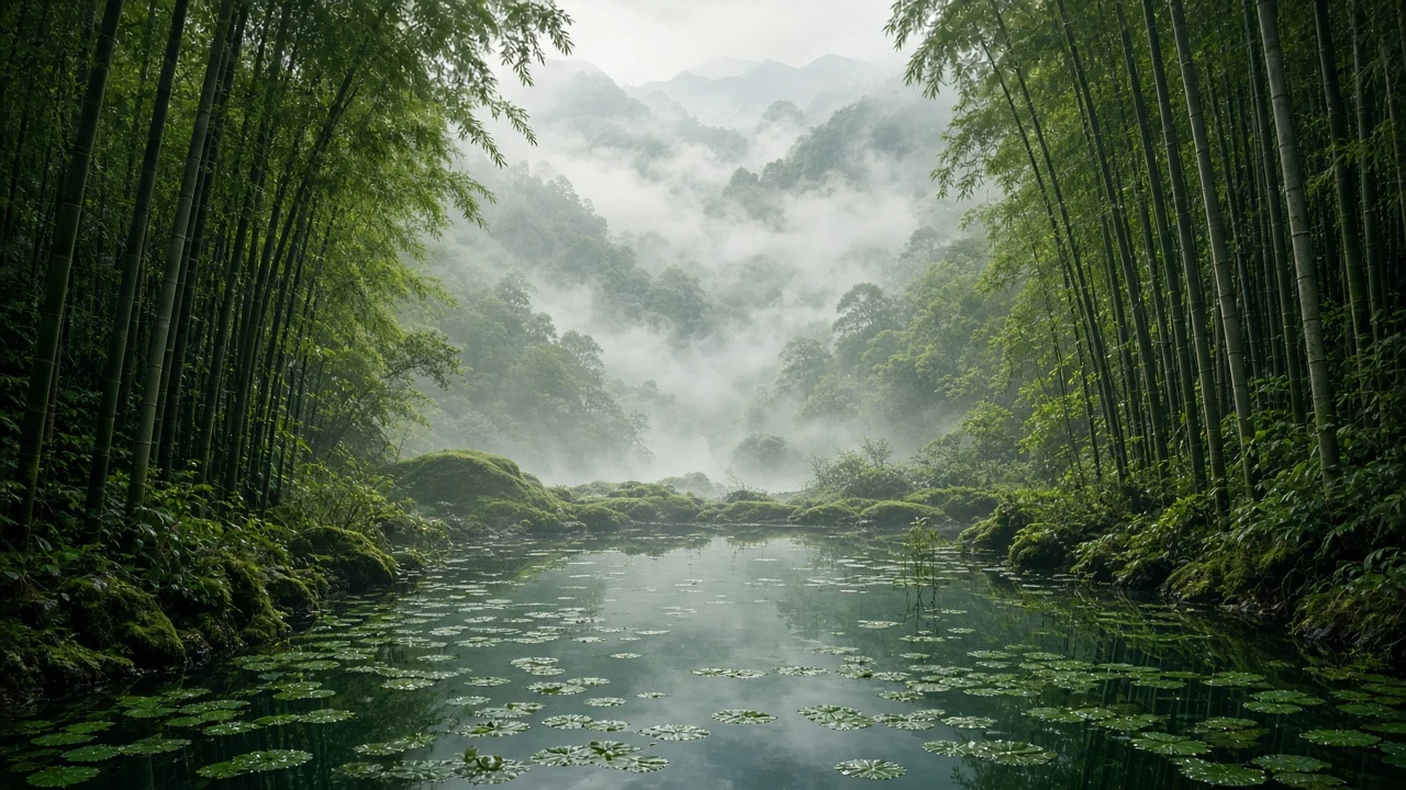 Mist-Shrouded Bamboo Mountain Pool Phone Wallpaper