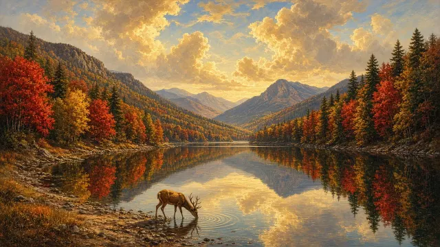 Hudson River School Wilderness Lake at Indian Summer