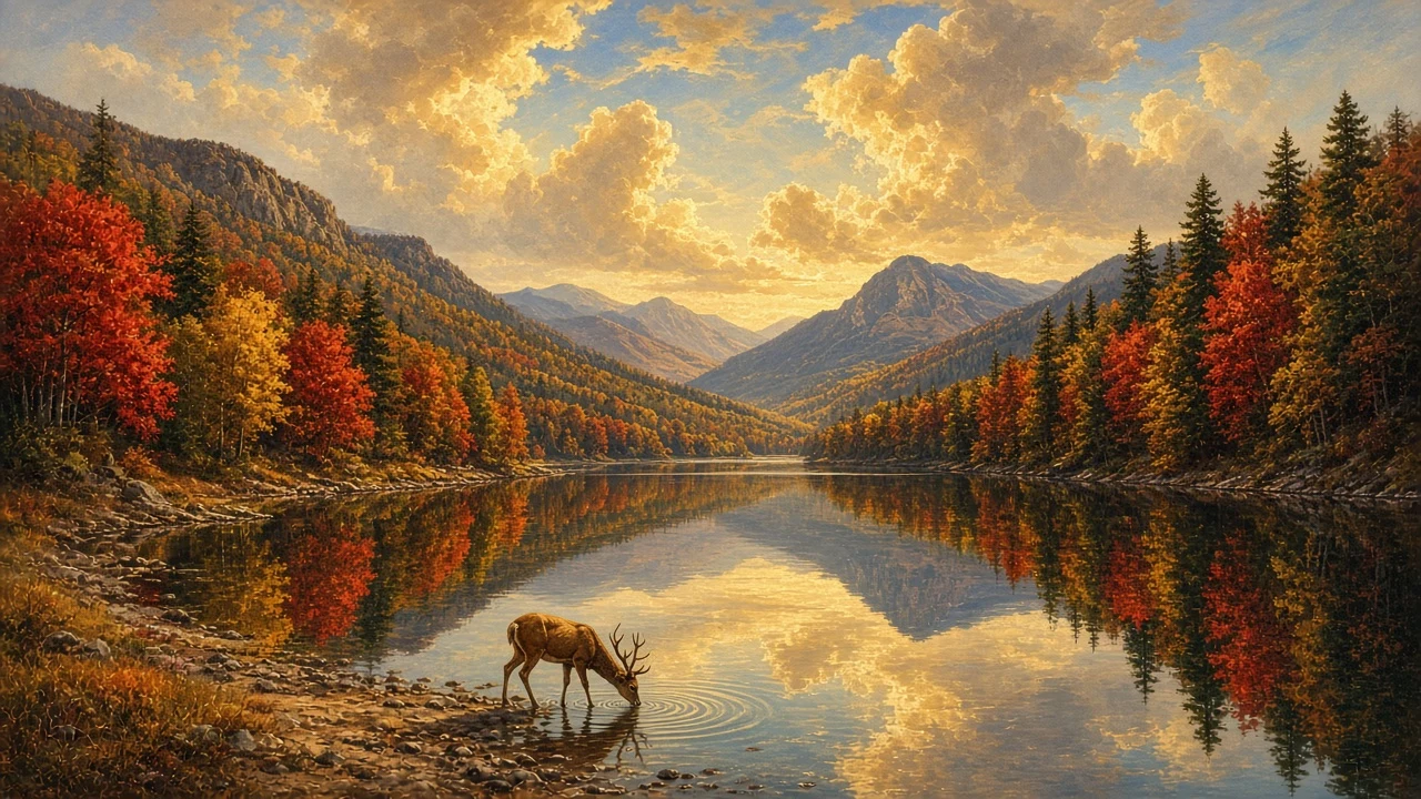 Hudson River School Wilderness Lake at Indian Summer