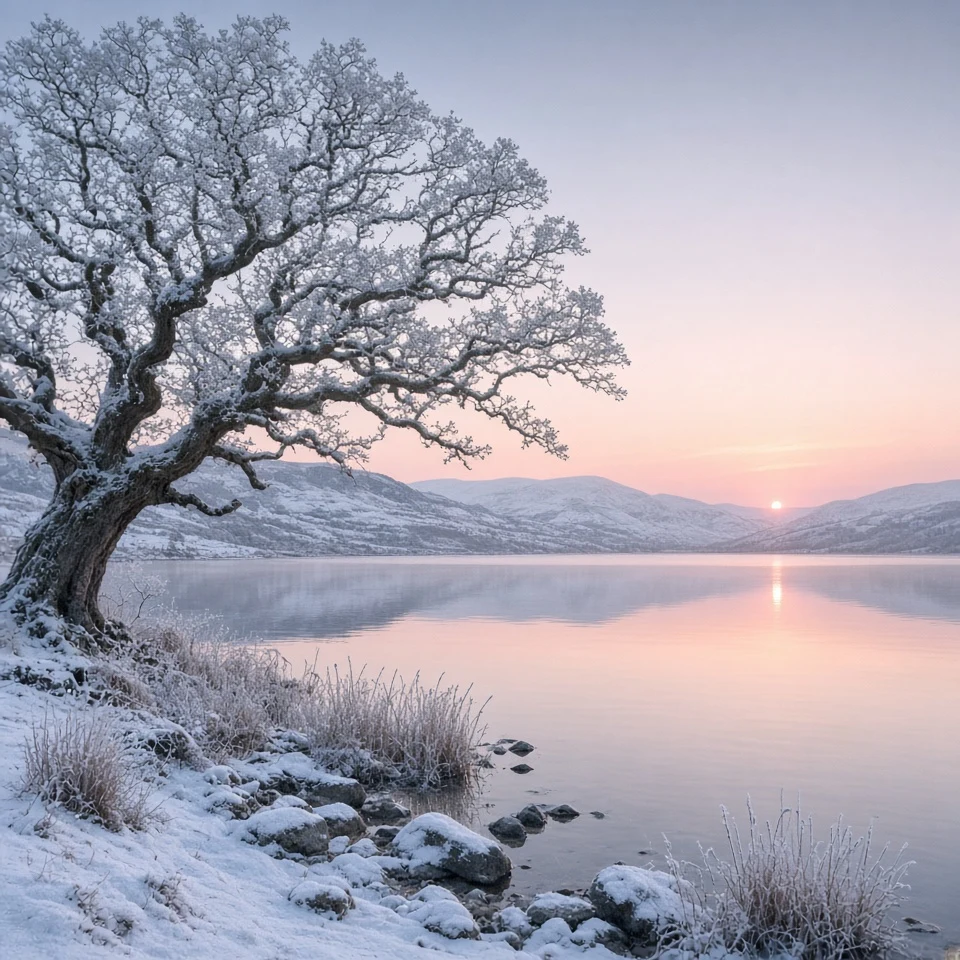 Winter Frost and Bare Oaks Along an English Mere