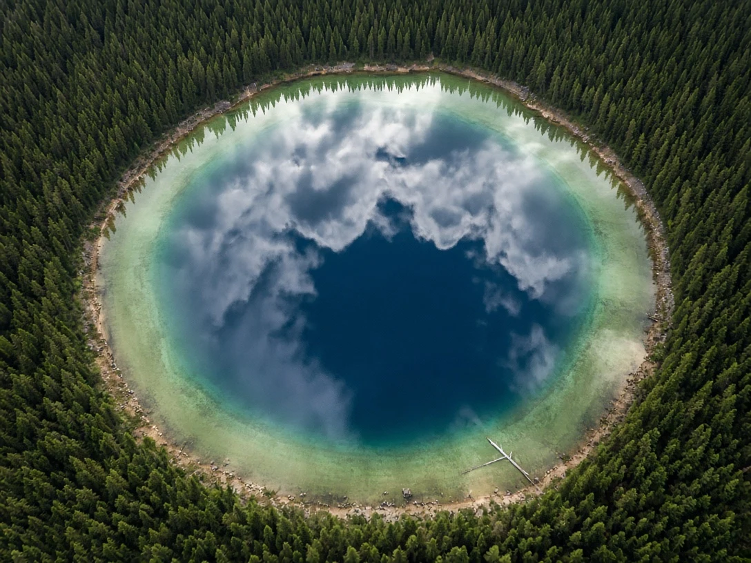 Aerial Overhead Perspective of an Emerald Volcanic Maar