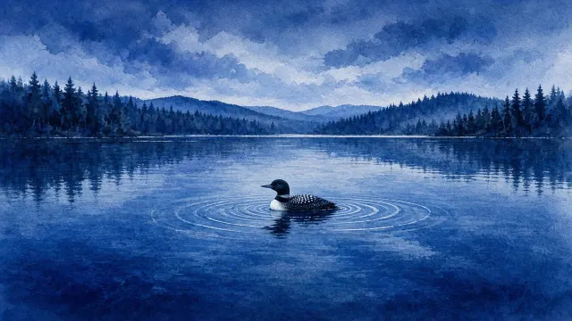 Luminous Watercolor of a Blue Hour Mountain Lake and Loon