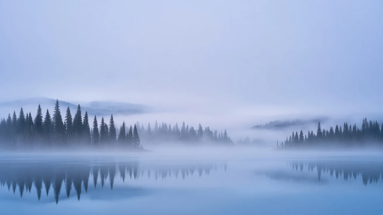 Misty Nordic Pine Forest Horizon at Pale Blue Dawn