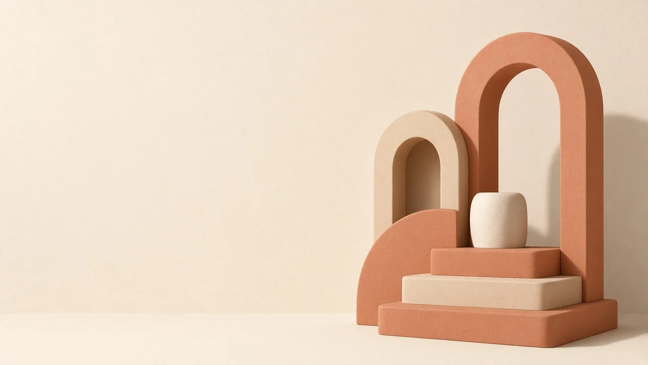 Terracotta Geometrical Arches and Stepped Plaster Monoliths