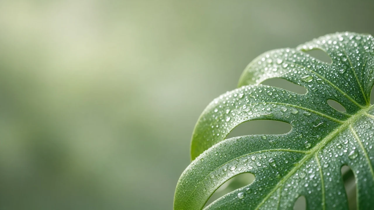 Translucent Monstera Leaf Macro with Crystalline Dewdrops