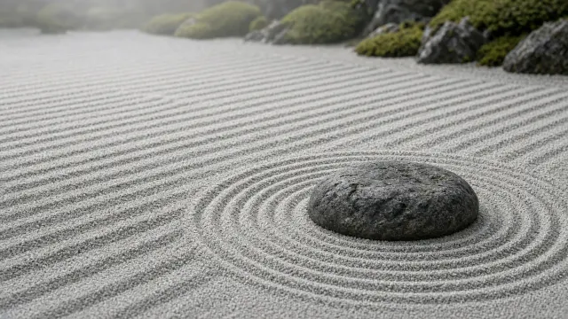 Raked Zen Gravel Garden with Solitary Weathered River Stone