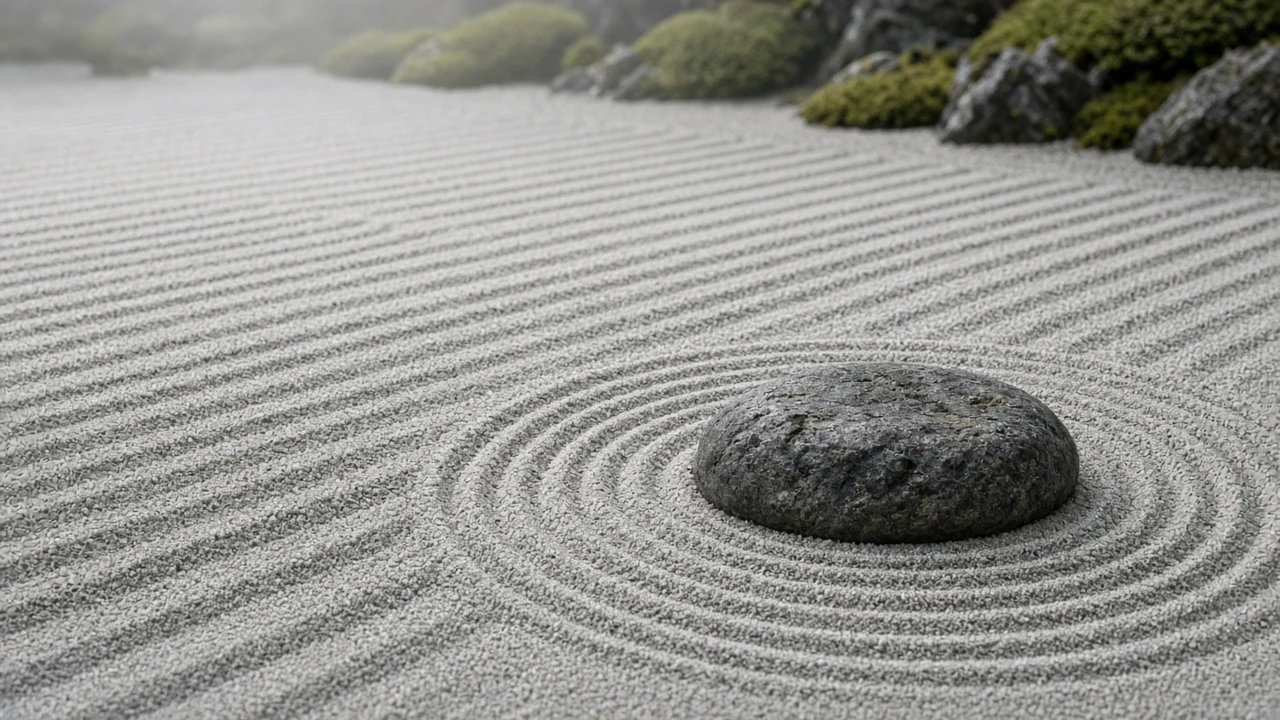 Raked Zen Gravel Garden with Solitary Weathered River Stone