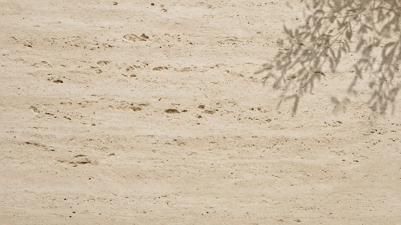 Travertine Stone Facade with Olive Branch Botanical Shadow